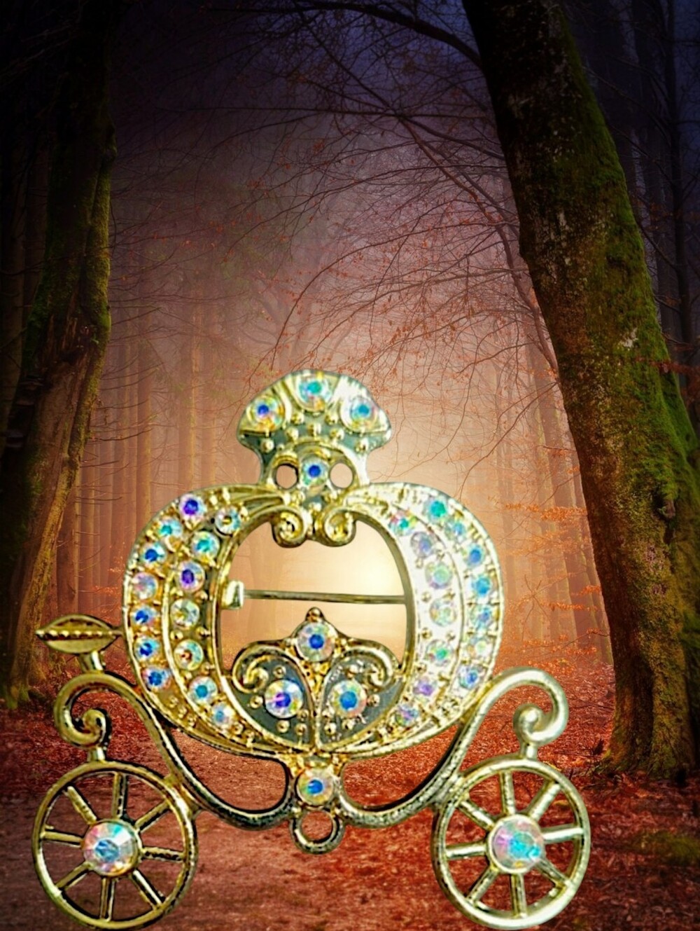 Golden Aurora Borealis Rhinestone Carriage Brooch
